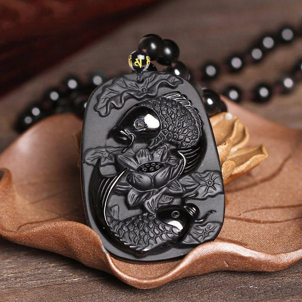 Obsidian Twin Koi Fishes Necklace
