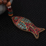 Handmade Ethnic Wenge & Gemstones Fish Pendant Necklace - Empire of the Gods