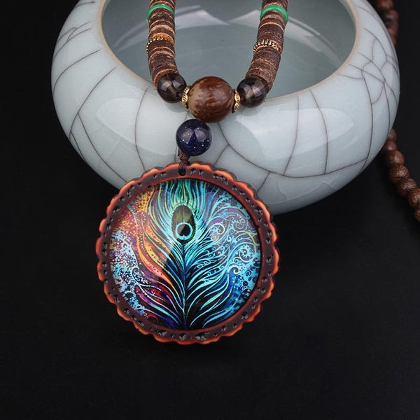 Peacock Feather Pendant Necklace - Empire of the Gods