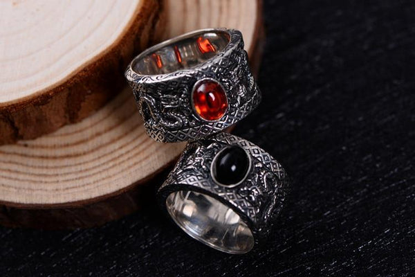 925 Sterling Silver Onyx Dragons Ring - Empire of the Gods