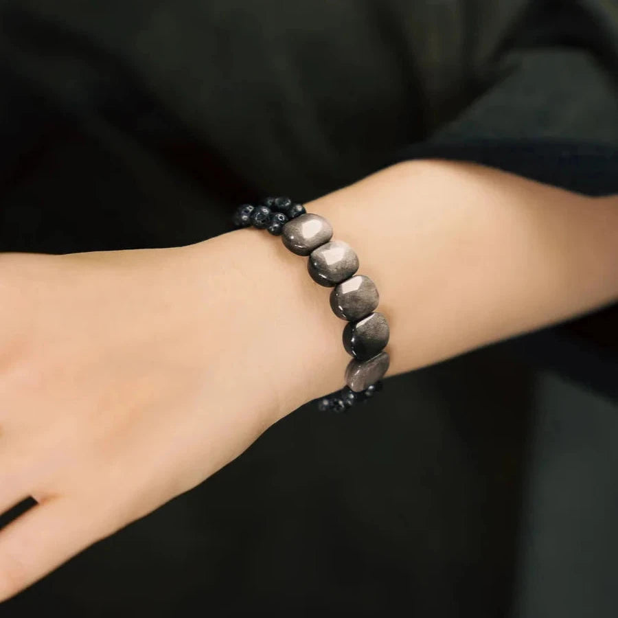 Silver Slabs Obsidian Bracelet - Empire of the Gods
