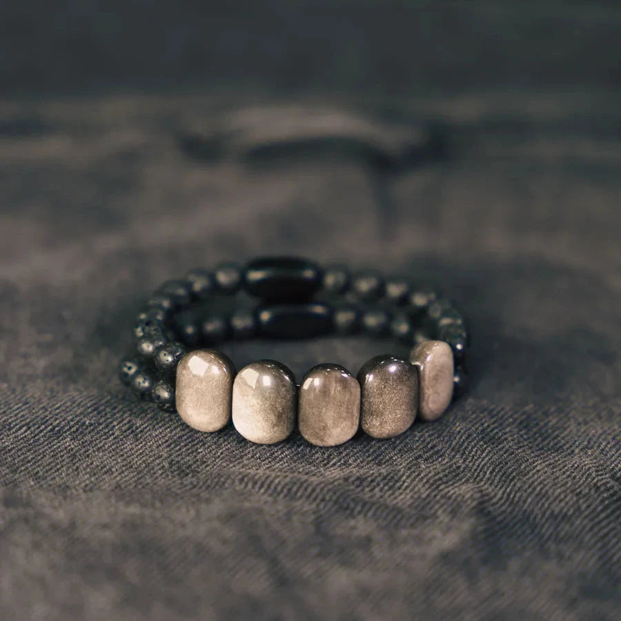Silver Slabs Obsidian Bracelet - Empire of the Gods