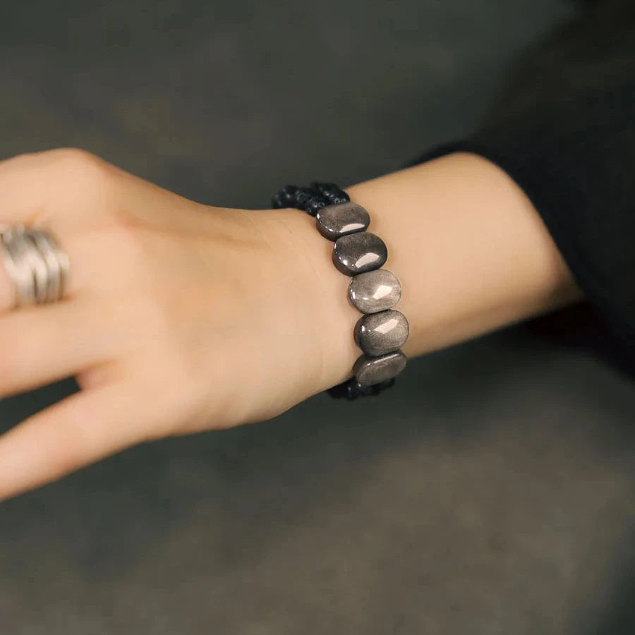 Silver Slabs Obsidian Bracelet - Empire of the Gods