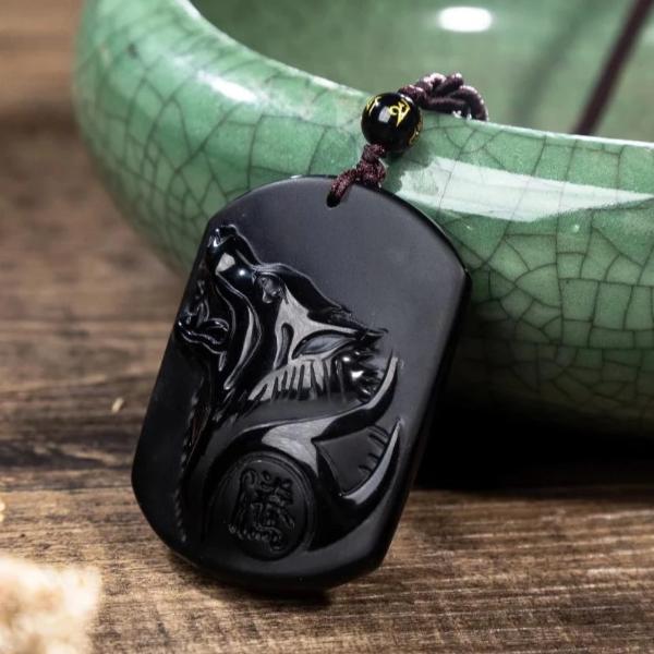 Black obsidian wolf necklace online