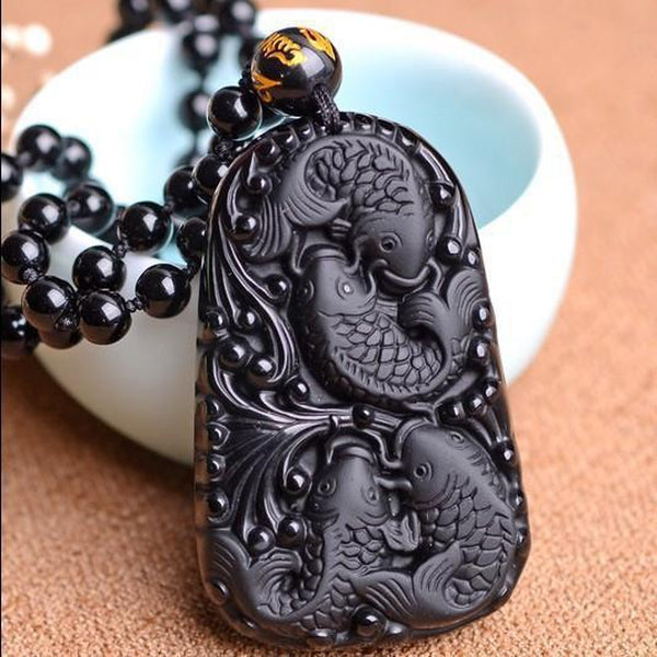 Obsidian Koi Fish Necklace - Empire of the Gods