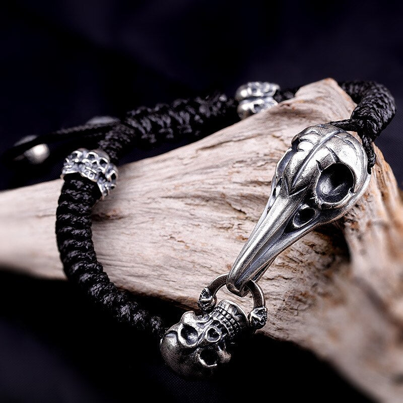 Sterling Silver Single Large Skull Bracelet on Natural Leather Cord wi -  Me&Ro