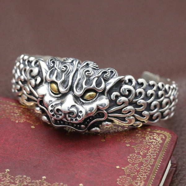 925 Sterling Silver Foo Dog Guardian Bangle - Empire of the Gods