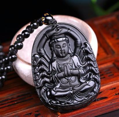 Natural Obsidian Stone Carved Guan-Yin Head Pendant Necklace