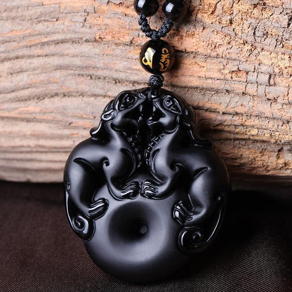 Obsidian Twin Pixiu Necklace - Empire of the Gods