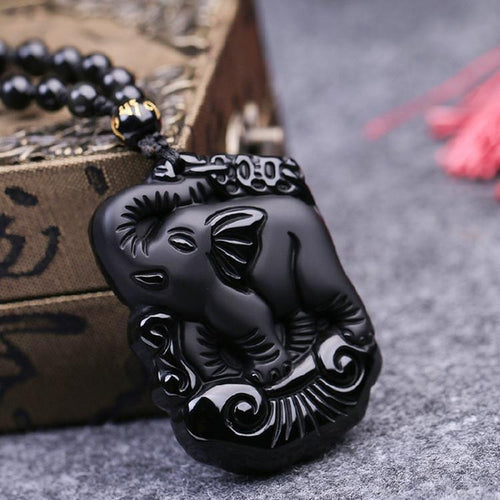 Obsidian Elephant Lucky Necklace - Empire of the Gods