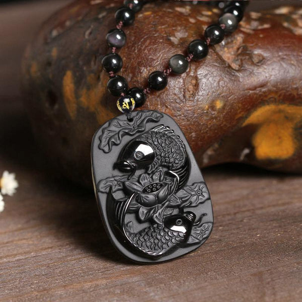 Obsidian Twin Koi Fishes Necklace - Empire of the Gods