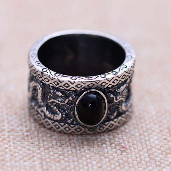925 Sterling Silver Onyx Dragons Ring - Empire of the Gods