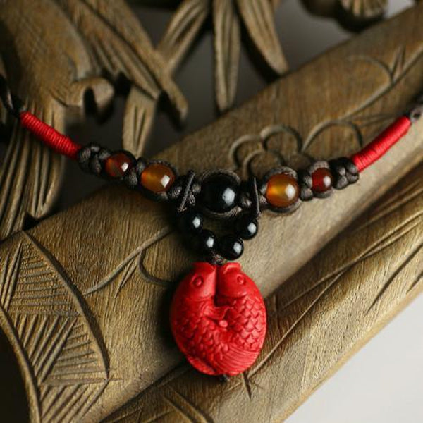Two Red Koi Fishes Black Agate Necklace - Empire of the Gods