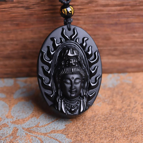 Natural Obsidian Stone Carved Guan-Yin Head Pendant Necklace - Empire of the Gods