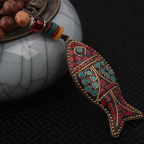 Handmade Ethnic Wenge & Gemstones Fish Pendant Necklace - Empire of the Gods